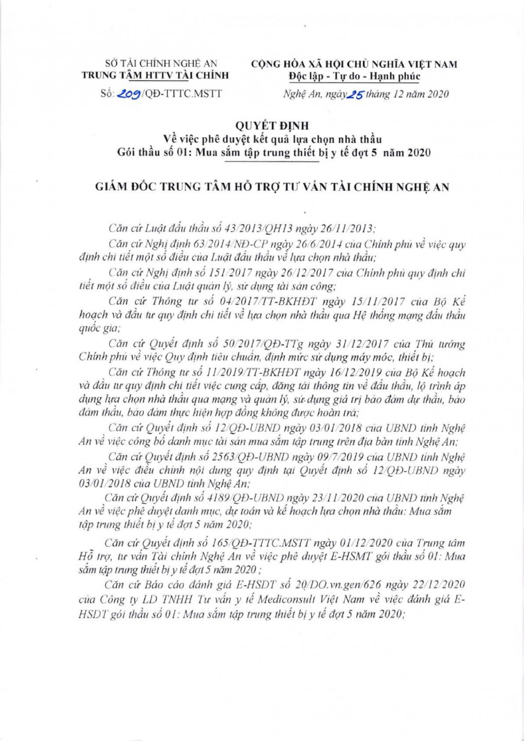 Trung tâm HTTV Tài chính Nghệ an công khai kết quả đấu thầu mua sắm tập trung